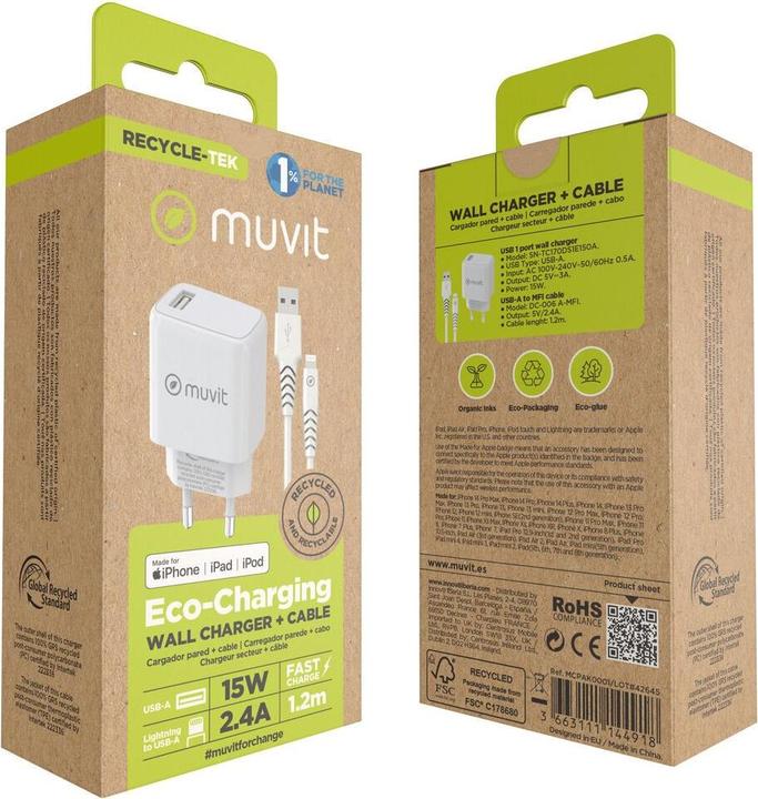 Actual product image Muvit For Change Pack Chargeur Secteur 12w+Cable Lightning 1.2m Blanc (12 W, 1 portion)