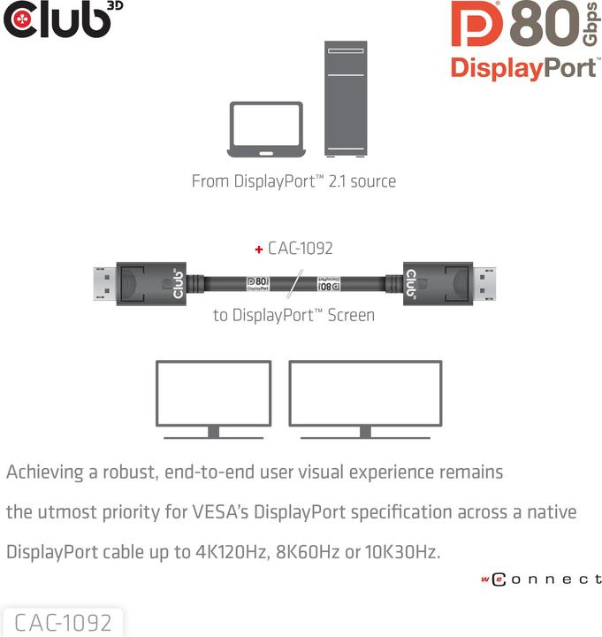 Productafbeelding Club 3D Club3D DisplayPort kabel 2.1 DP80 1,6m 10K/8K/4K St/St retail (1.60 m, DisplayPort)