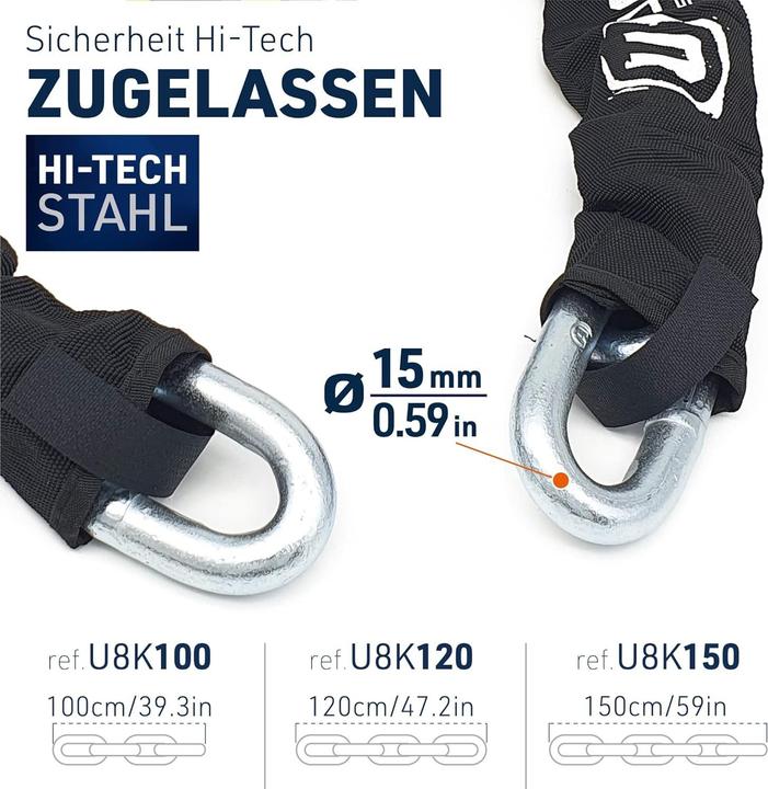Immagine prodotto Urban Security U8K150 High Security AntiTheft Chain padlock approved CLASSE SRA 15 150cm Made in EU (150 cm)