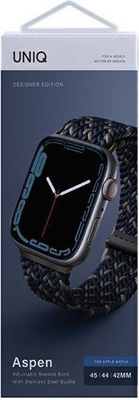 Produktbild Uniq pasek Aspen Apple Watch 44/42/45 mm Series 1/2/3/4/5/6/7/8/SE/SE2 Braided DE niebieski/obsidian