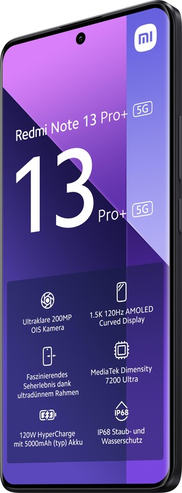 Actual product image Xiaomi Redmi Note 13 Pro+ 5G (512 GB, Midnight Black, 6.67", Dual SIM, 200 Mpx, 5G)