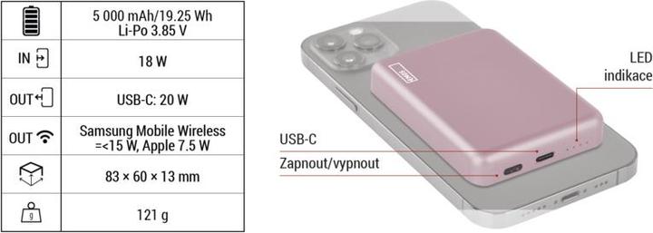 Actual product image Emos Powerbank WI 522, 5 000 mAh, 20 W+Wireless, lachs (5000 mAh, 20 W, 19.25 Wh)