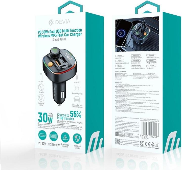 Immagine prodotto Devia trasmettitore FM Smart Bluetooth MP3 caricatore da auto PD 30W 1x USB-C 2x USB 3A nero