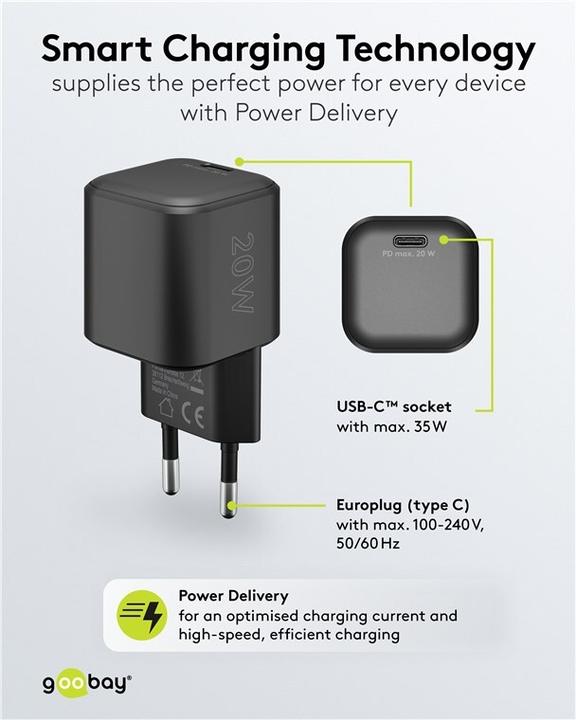 Produktbild Goobay USB-C PD GaN Schnellladegerät Nano 20 W schwarz (20 W, 1 Port)