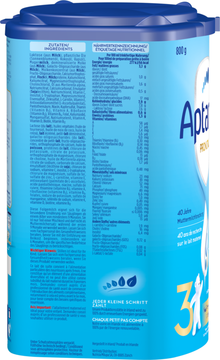 Nährwerte und Zutaten Aptamil Pronutra 3 (800 g, ab 8 Monaten)