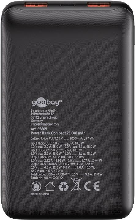Actual product image Goobay Powerbank compact 20,000 mAh (20000 mAh, 22.50 W, 77 Wh)