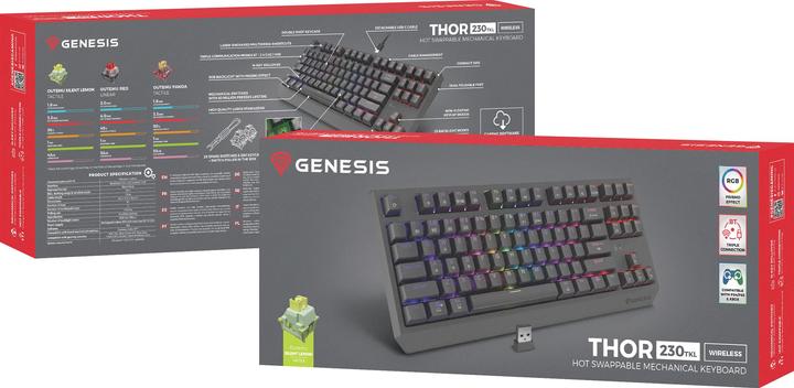 Actual product image Genesis herní klávesnice THOR 230/TKL/RGB/Outemu Silent Lemon/Bezdrátová USB + Bluetooth/US layout/Č (US, Cable, Wireless)