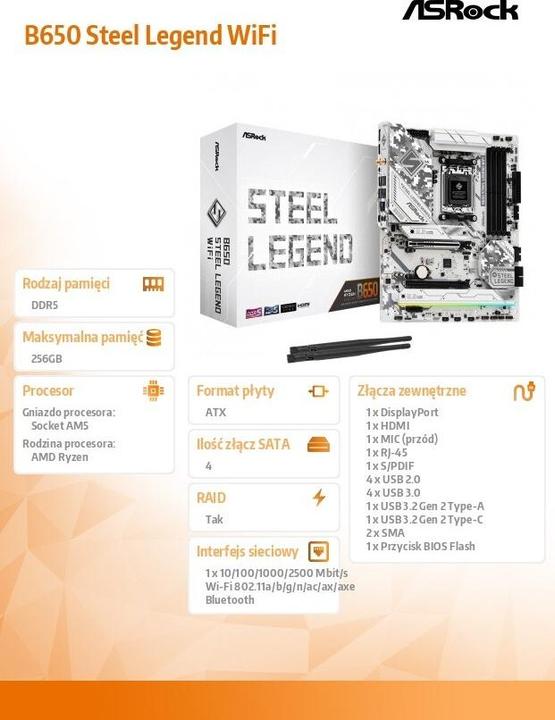 Image du produit AsRock B650 STEEL LEGEND WiFi (AM5, AMD B650, ATX)