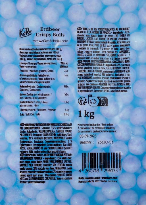 Valori nutrizionali e ingredienti KoRo Patatine di riso al cioccolato bianco con polvere di fragole (1000 g)
