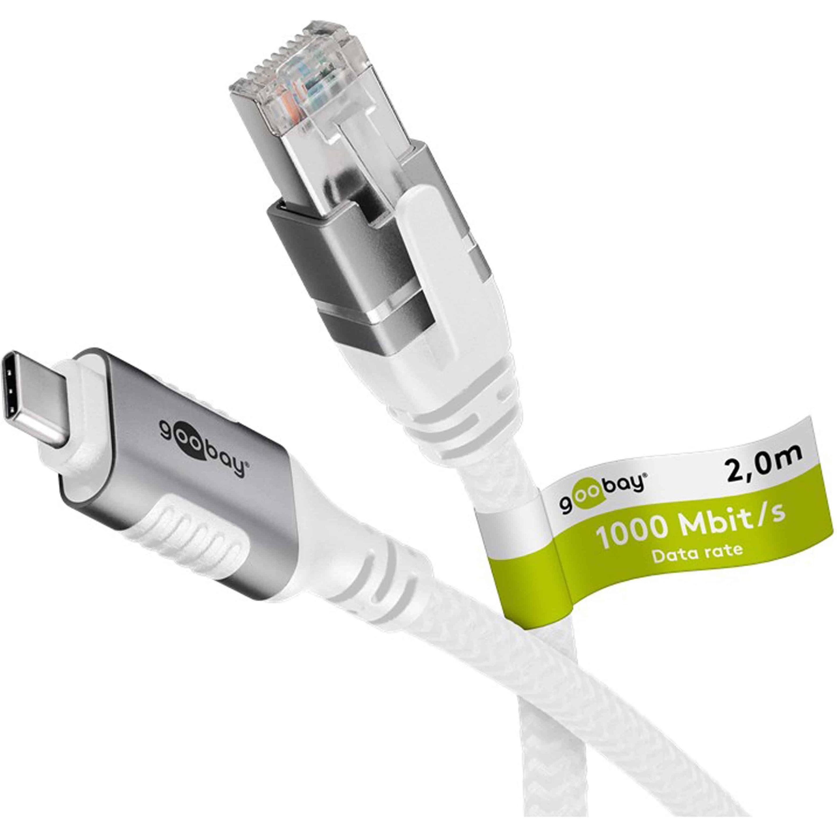 Goobay Ethernet-Kabel CAT6 USB-C 3.1 auf RJ45 2m (USB-C 3.1 Gen 1, RJ45 (1x)), Netzwerkadapter, Weiss