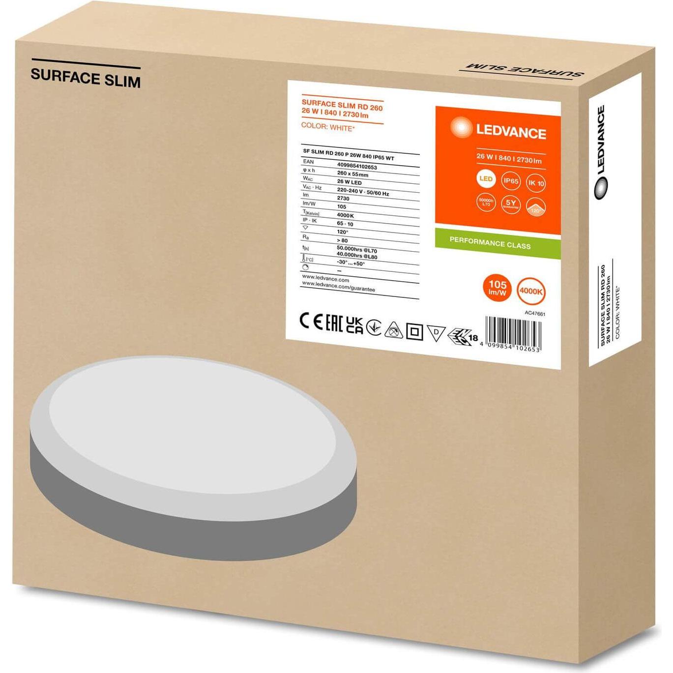 Thumbnail - Ledvance, Wandleuchte + Deckenleuchte, SURFACE SLIM Wand-/Deckenleuchte IK10 rund 260 26W 840 weiss IP65 (2730 lm)