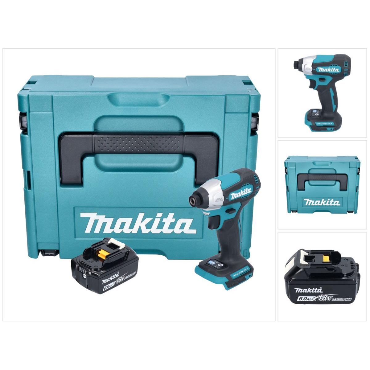 Makita, Bohrmaschine + Akkuschrauber, DTD 157 G1J Akku Schlagschrauber 18 V 140 Nm 1/4" Brushless + 1x Akku 6,0 Ah + Mak...