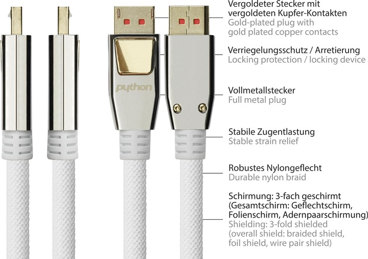 Produktbild Python PYT M0223 DP 1.4 auf HDMI 2.0 A Stecker, Nylon, 4K@60Hz, 3 m, weiss (3 m, HDMI)