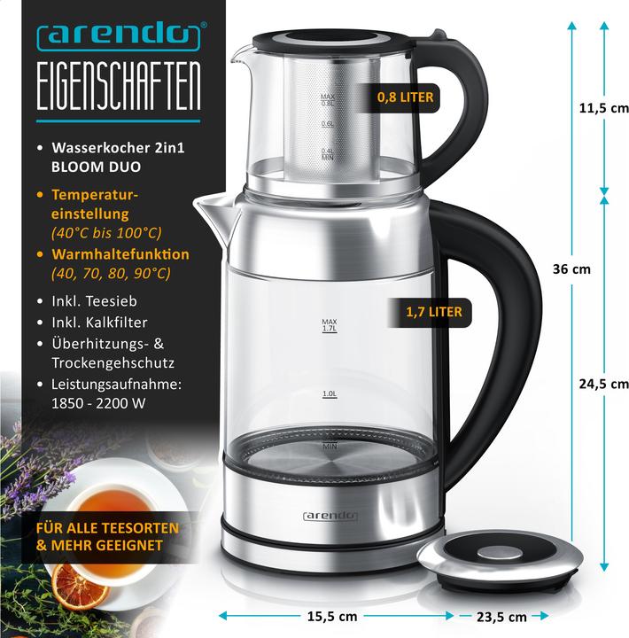 Produktbild Arendo Wasserkocher mit Temperatureinstellung aus Glas & Edelstahl, Teesieb, Teekocher, 1,7 L, 2200 W (1.70 l)