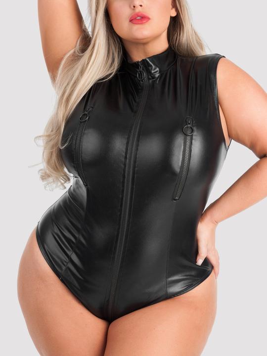 Lovehoney Plus Size Fierce Wet-Look Ouvert-Body mit Reissverschluss