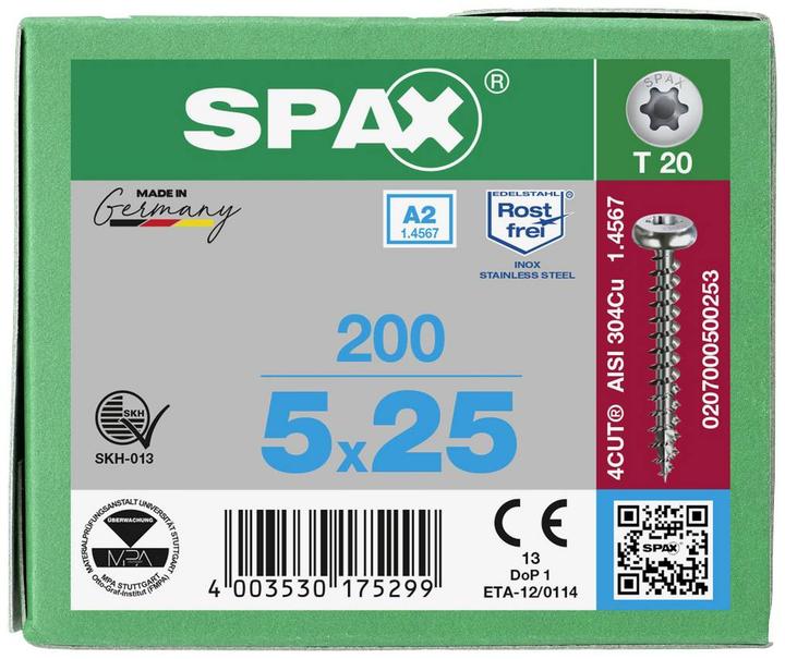 Actual product image Spax A2 Half-Round Head T-Star Plus T20 Fully Threaded (200 Screws per piece)