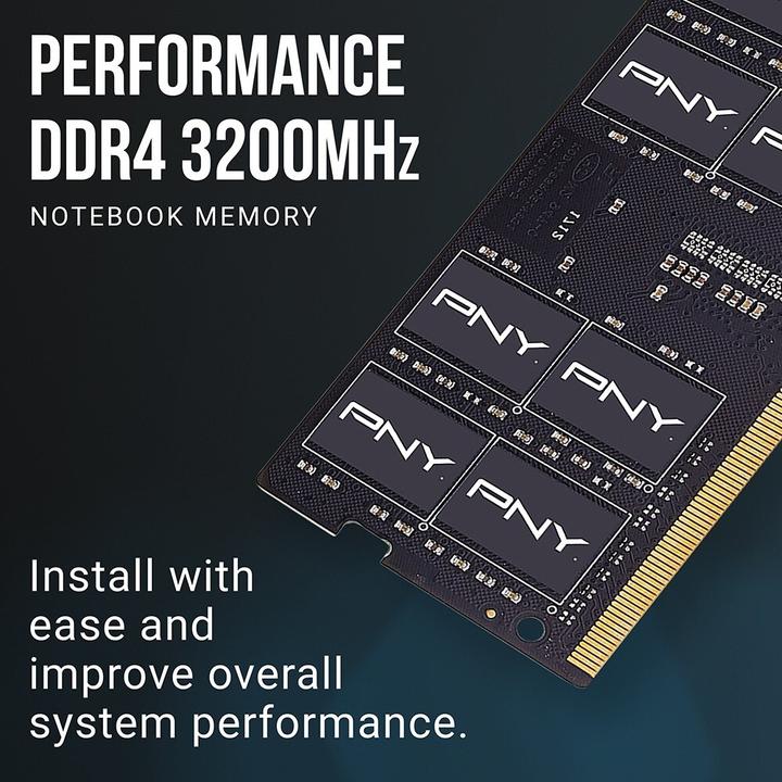 Productafbeelding PNY Notebook geheugen Performance, SODIMM, DDR4, 16 GB, 3200 MHz, CL22 (MN16GSD43200-TB) (1 x 16GB, 3200 MHz, DDR4 RAM, SO-DIMM)