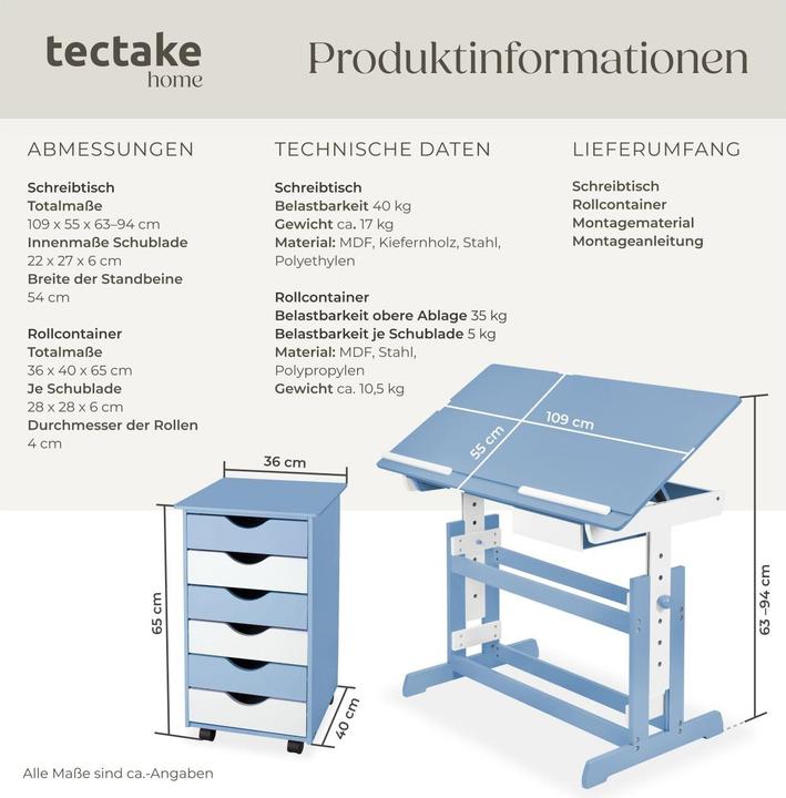 Produktbild tectake Kinderschreibtisch und Rollcontainer (109 x 55 x 94 cm)