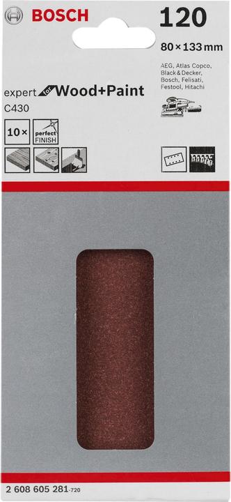 Produktbild Bosch Professional Zubehör Schleifblatt C430, 80 x 133 mm, 120, 8 Löcher, Klett, 10er-Pack (120)