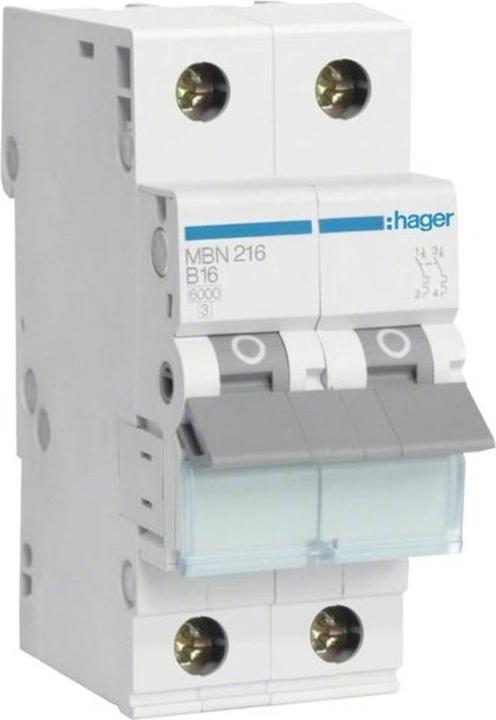Hager MBN216. Anzahl der Pole: 2P. AC Eingangsfrequenz: 50/60 Hz, Nominale Stromabgabe: 16 A