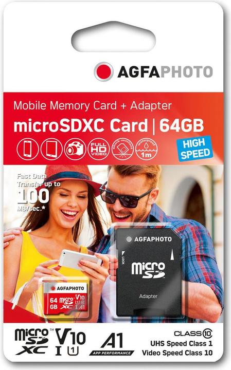 Produktbild AGFAPHOTO MicroSDXC UHS-I 64GB High Speed C 10 U3 V30 + Adapter (64 GB, microSDXC, U3, UHS-I)