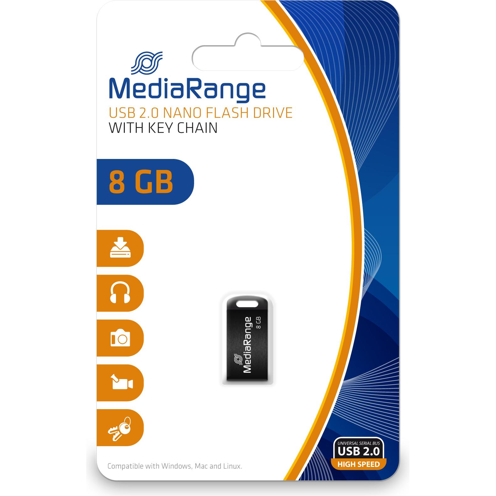 MediaRange USB Nano-Speicherstick (8 GB, USB-A, USB 2.0), USB Stick, Schwarz