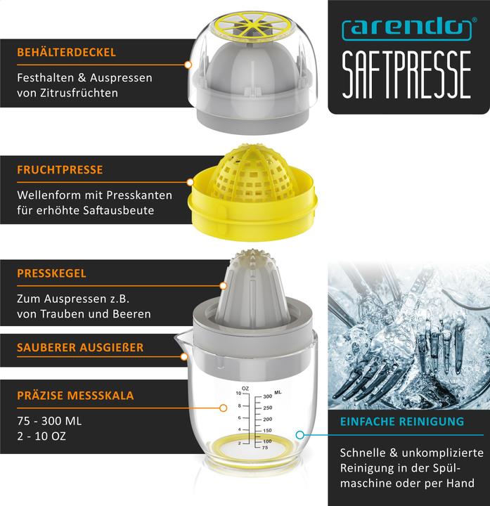 Produktbild Arendo Zitruspresse, Saftpresse, Entsafter manuell, Limettenpresse, Zitronenpresse, 300 ml, Orangenpresse