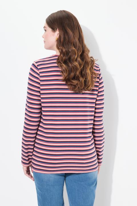 Image du produit Ulla Popken T-shirt rayé à col rond et manches longues, découpe en trou de serrure - coton bio (46, 48)