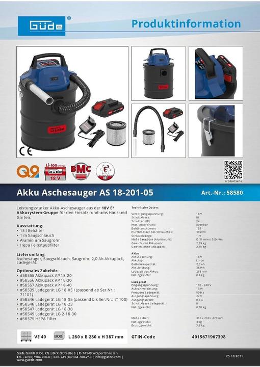 Image du produit Güde Aspirateur à cendres AS 18-201-05 (Aspirateur de cendres)
