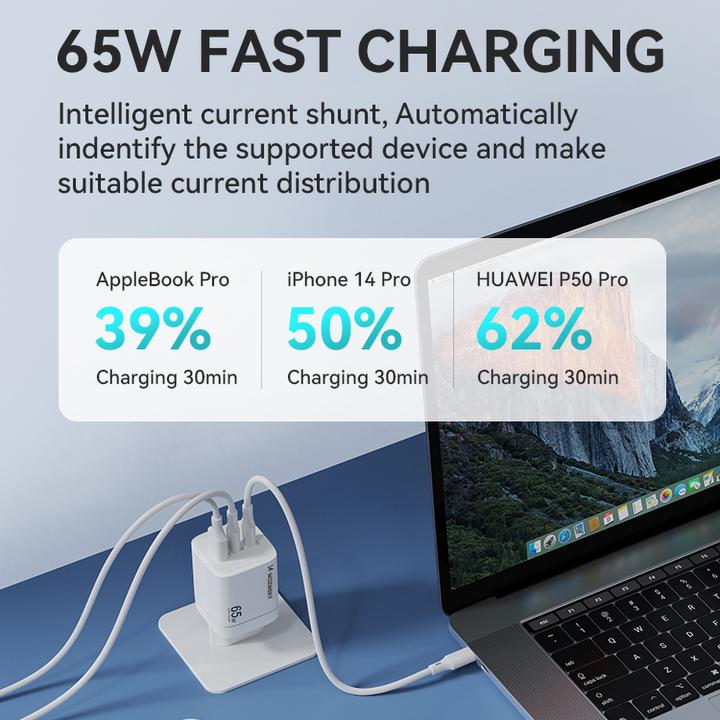 Actual product image Wozinsky CGWCW 65W USB-A / 2 x USB-C GaN wall charger - white (65 W)