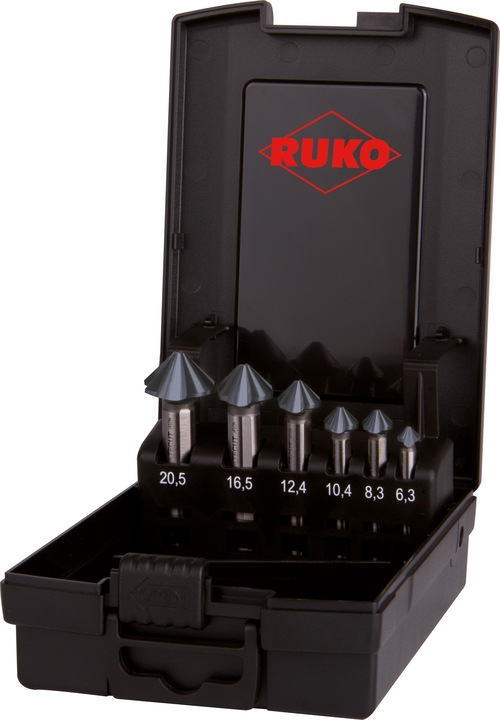 Produktbild Ruko Kegelsenkersatz 90 ° ULTIMATECUT 4S 6,3-20,5 mm HSS-Co5 6-teilig Kunststoffkassette (8,3, 20,5 mm, 10,4 mm, 16,5 mm, 12,4 mm, 6,3)