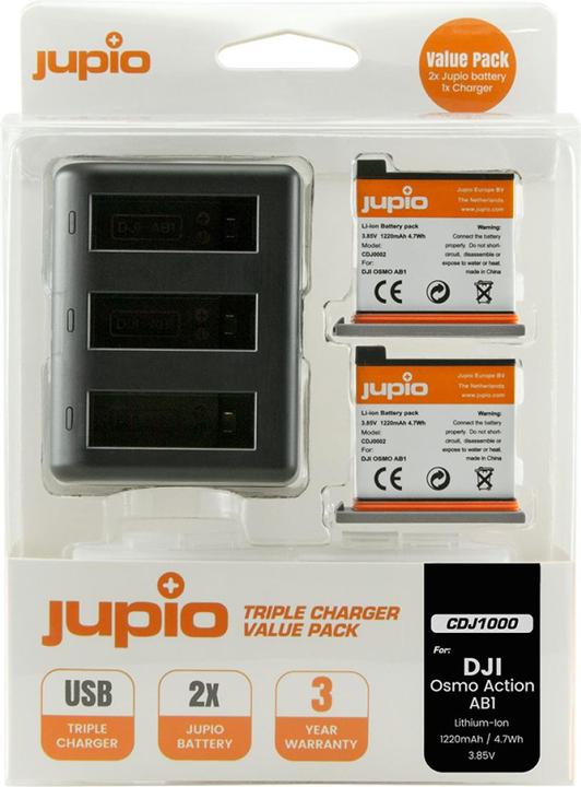 Jupio Set triplo caricabatterie per DJI Osmo Action + 2 batterie (Caricabatterie per fotocamere)