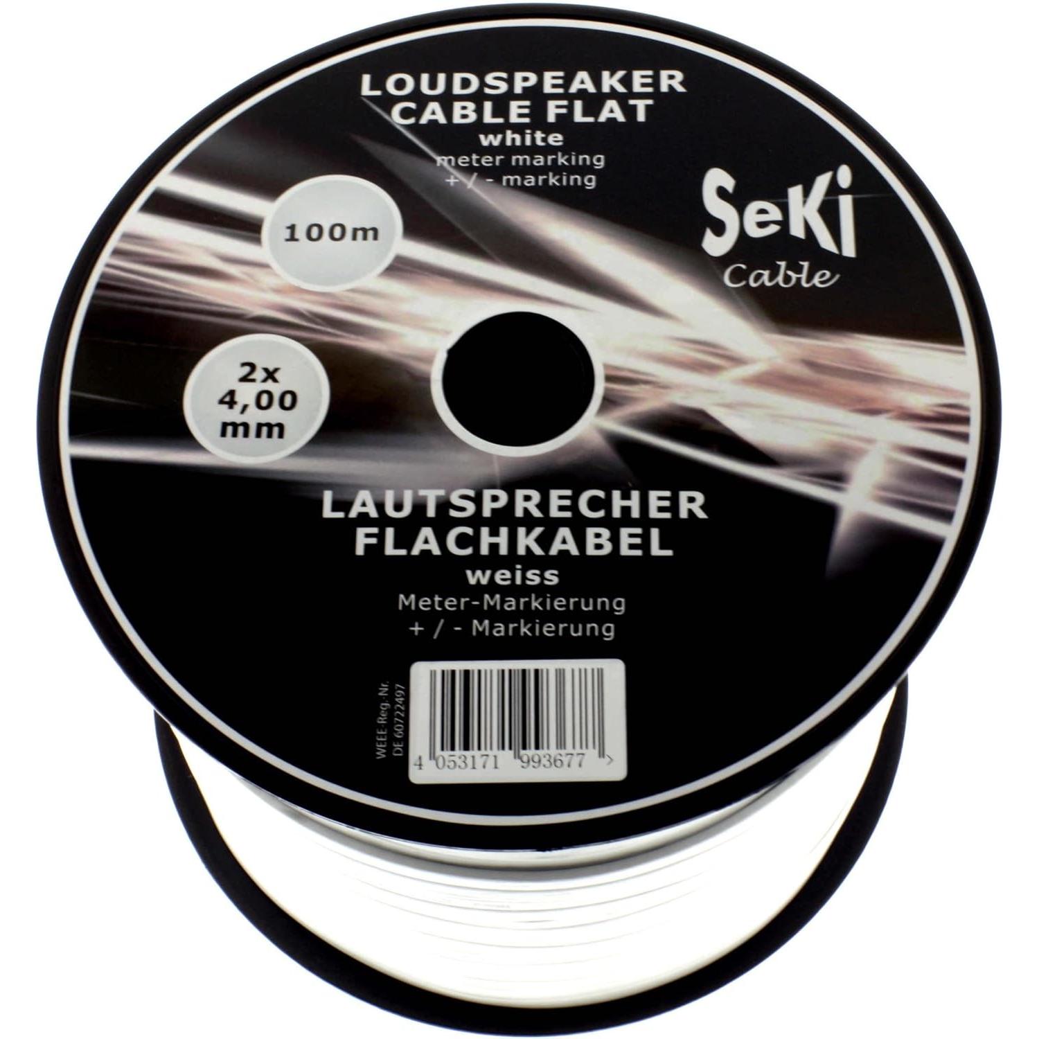Seki Loudspeaker cable flat 100 m - 2x4mmÂ² CCA - flat cable audio 3mm (100 m, 4 mm².), Cavo per altoparlanti, Bianco