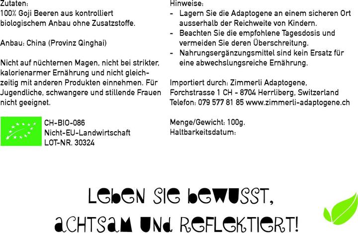 Nährwerte und Zutaten Zimmerli Adaptogene Goji Beeren (BIO) (1 Stück, 100 g)