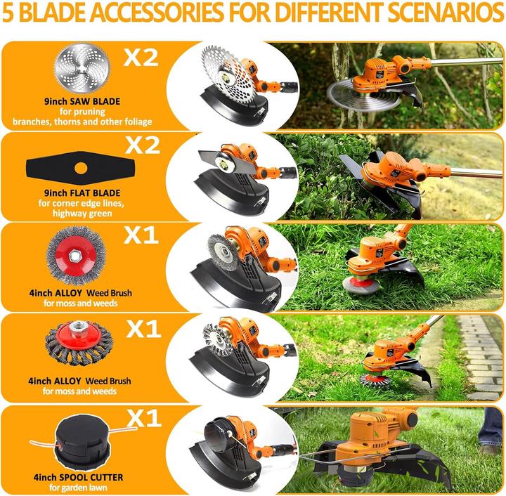 Actual product image Suaiiolk Akku-Rasentrimmer ‎HY-08 mit Unkrautbürste und 4 Klingentypen (Metal cutting blade, Trim line)