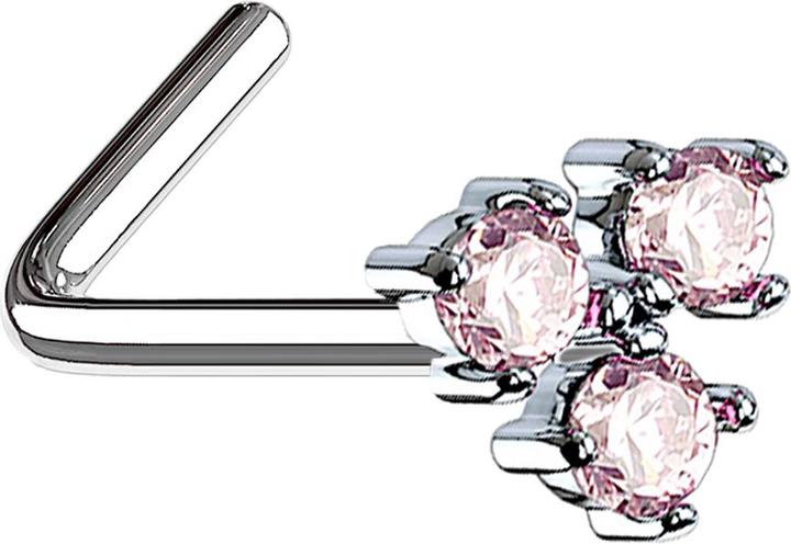 Produktbild Star Piercing Nasenstecker gewinkelt silber mit drei Kristallen pink (Messing, Chirurgenstahl 316L)