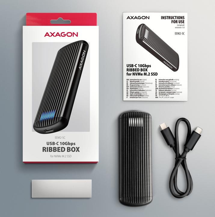 Produktbild Axagon EEM2-SC, USB-C 10Gbps external box for M.2 NVMe SSD, screwless, ribbed aluminum (M.2)