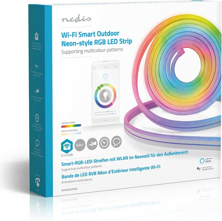 Actual product image Nedis WIFILN51CRGB Smart Full Color LED pásek Wi-Fi | Více barev | 5000 mm | IP65 | 960 lm, F (Multicoloured, 500 cm, Indoor, Outdoor)