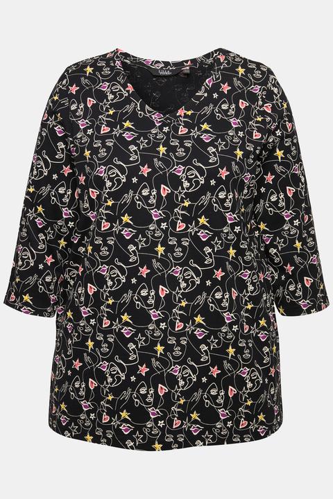Actual product image Ulla Popken Scribble Print 3/4 Sleeve Split Neck Tee
