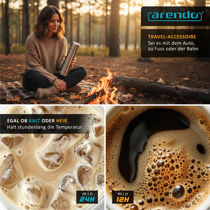 Produktbild Arendo Thermobecher 0,5l Edelstahl, doppelwandig isoliert, auslaufsicher, vakuumisoliert, 12h/24h warm/kalt (0.50 l)