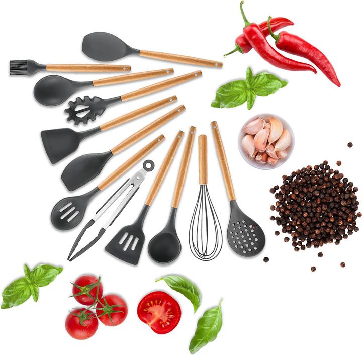 Produktbild Ideoon Elegantes 12-tlg. Küchenhelfer Set aus Silikon mit Holzgriff, grau