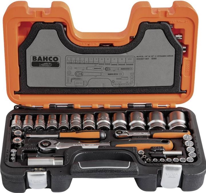 Produktbild Bahco 1/4"- und 1/2"-Steckschlüssel-Satz, metrisch, Doppelsechskant, inklusive Umschaltknarre mit schla (1/2", 1/4")