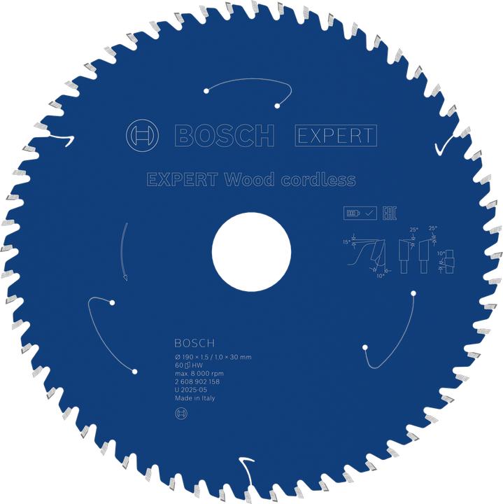 Productafbeelding Bosch Professional Zubehör Blau Zubehör 2608902158 EXPERT Kreissägeblatt Holz kabellos 190 x 1,5/1 x 30 mm T60