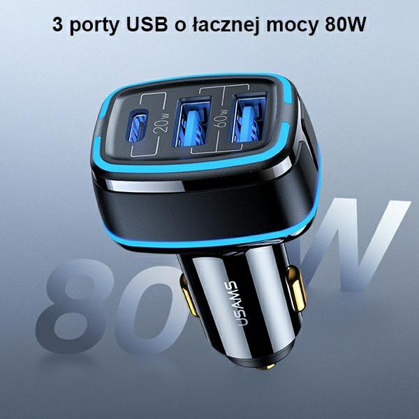 Image du produit Usams Ład. sam. 2xUSB+1xUSB-C C24 80W (only head) Fast Charge czarny/black CC126TC01 (US-CC126)