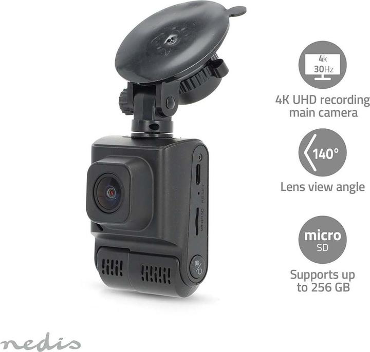 Produktbild Nedis Dash Cam - 4K@30fps - 12 MPixel - 2" - LCD - Duale Kamera - Kabinenkamera - GPS unterstützt - (Eingebautes Display, GPS-Empfänger, Eingebautes Mikrofon, Akku, Nachtsicht, 4K)