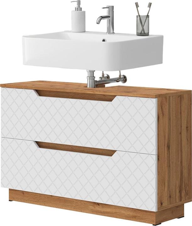 Actual product image Vicco Waschbeckenunterschrank Lotta, Eiche/Weiss mit Kachelstruktur, 99.4 x 62.5 cm mit 2 Schubladen (99.40 x 32 x 62.50 cm)