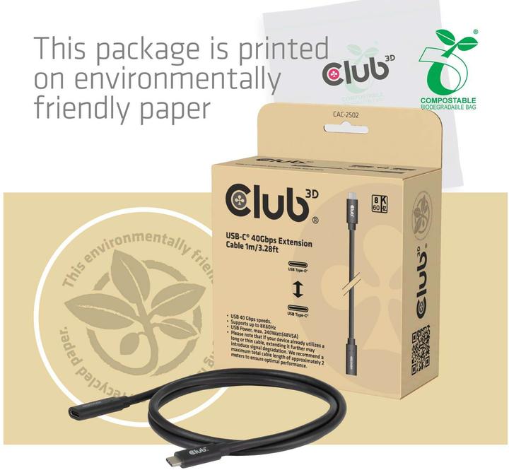 Productafbeelding Club 3D Club3D Kabel USB 4 Typ C 1m Verlängerung 40Gbps St/Bu (1 m, 240 W)