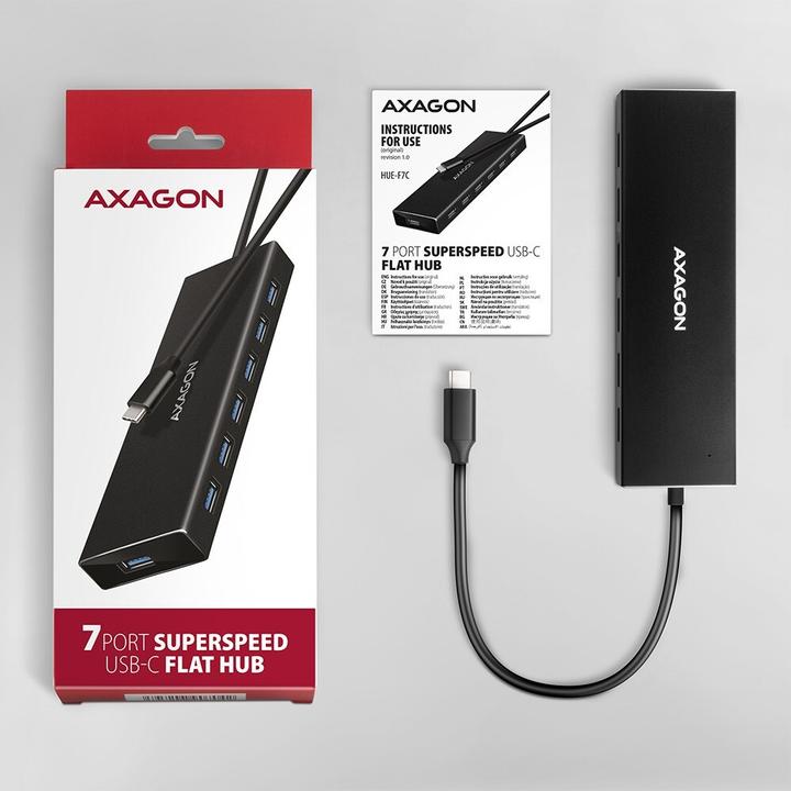 Image du produit Axagon HUE-F7A 7x USB 3.2 Gen 1 Aluminium Flat Hub, câble USB-C de 30 cm (USB-C, 7 ports)