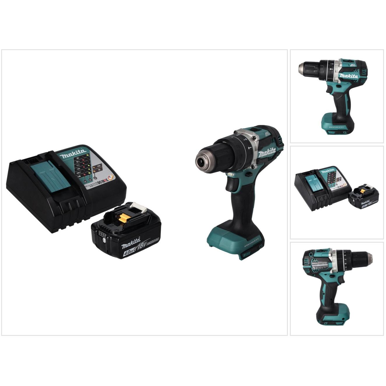 Makita, Bohrmaschine + Akkuschrauber, DHP 484 RM1 Akku Schlagbohrschrauber 18 V 54 Nm Brushless + 1x Akku 4,0 Ah + Ladeg...