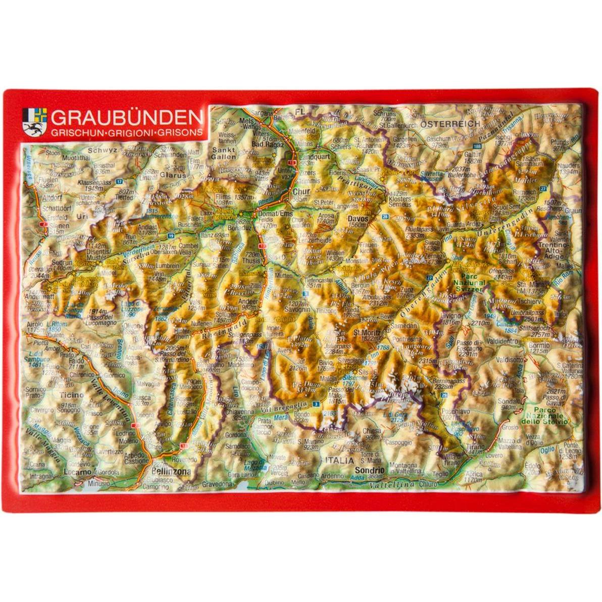 georelief, Grusskarte + Briefpapier, 3D Reliefpostkarte Graubünden